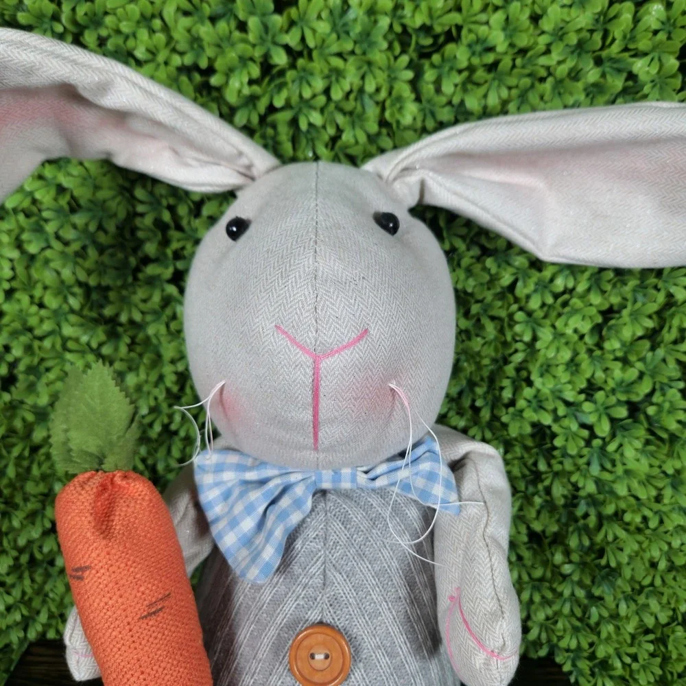 Grey Fabric Easter Bunny Figurine Weighted Shelf Sitter with Carrot and Bow Tie